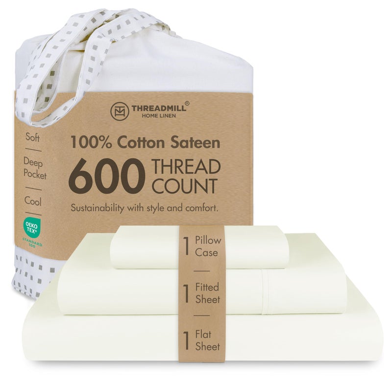 Threadmill 100% Cotton Sheets for Twin Size Bed - 600 Thread Count Twin Bed Sheets Set with 15â€ Deep Pocket - Sateen Weave 3-Piece Bedding Set with Cooling Effect, Ivory - Image 1